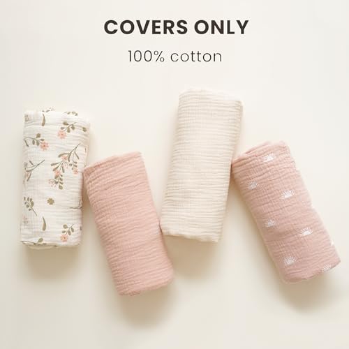 Image of Konssy Muslin Baby Lounger Cover 2 Pack, 100% Cotton Newborn Lounger Cover, Soft and Breathable Lounger Slipcover for Boys Girls, Covers Only (Oat,Pink Sun)
