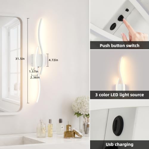 Image of Battery Powered Wall Sconces Set of 2, White 31.4 inch LED Dimmable Wall Sconce with Remote Control /Timer /Memory, USB Rechargeable Wall Lights for Living Room, Bedroom, Hallway Wireless scones Lighting
