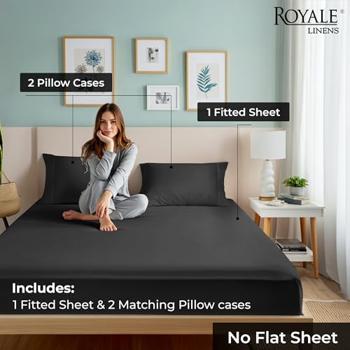 Image of ROYALE LINENS Fitted Sheet with Pillowcases - Queen Fitted Sheets with 2 Pillowcases - 300 Thread Count 100% Organic Cotton - Fits Mattress Up to 18 inch Deep - Soft & Breathable - Black (No Flat Sheet)