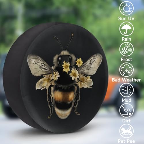 Image of Spare Tire Cover Bee Floral Wheel Covers Protectors Waterproof Dust-Proof Universal Fit Trailer, RV, SUV and Many Vehicle 15 Inch