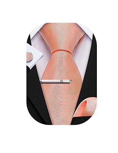 Barry.Wang Krawatten-Set für Herren, klassisch, Satin, Krawatte, Einstecktuch, Manschettenknöpfe, Clip, 4 Stück, für Herren, Hochzeit, formelle Geschäfte, korallenpink, Einheitsgröße