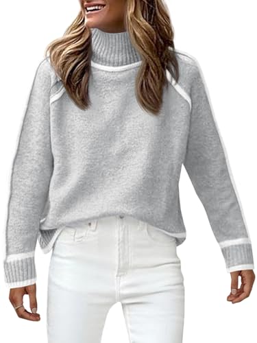 Saodimallsu Womens Turtle Mock Neck Pullover Sweater Color Block 2024 Fall Trendy Casual Knit Loose Long Sleeve Sweaters Grey
