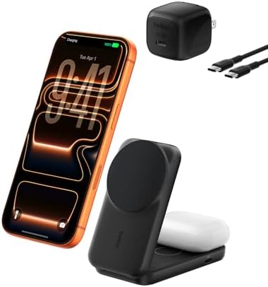 Belkin MagSafe Charger Compatible, 2-in-1 Qi2 Wireless Charging Station 25W, Convertible Wireless Charger for iPhone 17, AirPods, Portable Phone Stand for Travel w/USB-C Port, 45W Adapter - Black