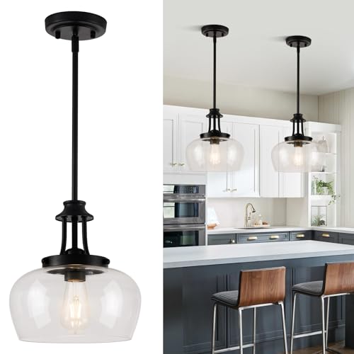Image of Modern Pendant Lights Kitchen Island, Matte Black Pendant Light Fixtures with 10 inch Clear Glass Shade, Industrial Hanging Pendant Lights Fixture for Kitchen Island, Dining Room, Bedroom, Foyer, Entryway