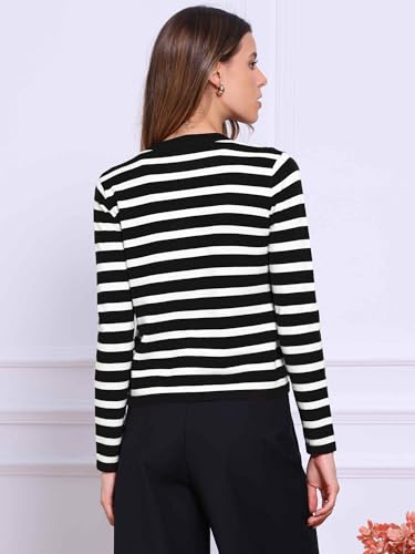 Allegra K Striped Cardigan Sweaters for Women's Lightweight Crew Neck Button Down Knit Jackets3