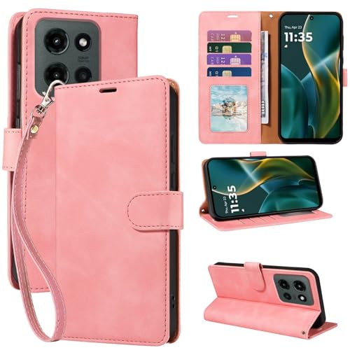 JHWVVTF RFID Blocking Wallet for Moto G 2026/2025 Case, for Moto G Play 2026 Case, PU Leather Folio Flip Cover with 4 Card Slots, Wrist Strap, Kickstand, Shockproof Protective (Pink) by JHWVVTF - Used condition - US$7.54