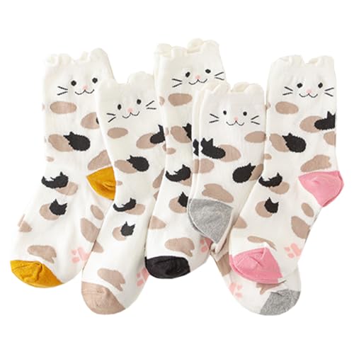 Image of Cat Themed Mid Calf Socks - 5 Pairs Cotton Animal Socks for Women & Girls