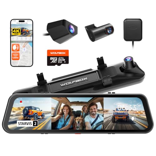 Image of WOLFBOX G900 Tripro 3 Channel 4K Rear View Mirror Camera,8MP STARVIS IMX678 | 256GB Card,12'' 4K+1080P+2.5K Front Inside and Rear,Cabin Version,Night Vision,5.8GHz WiFi,Voice Control,GPS,Car Truck SUV
