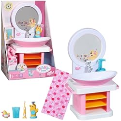 Dispensador De Jabon Y Toallas BABY Born Bath Lavabo 832707 - Accesorios de alta calidad con luces/efectos sonoros - Incluye cepillo de dientes, taza, dispensador de jabón, tapón y toalla - Se necesitan pilas - Edad: 3+ años