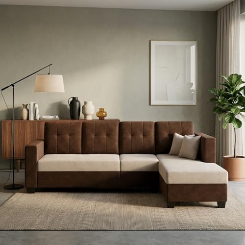 Image of FURNY Nathan 5 Seater L Shape Sofa Set RHS (Dark Brown-Cream) | Suede Velvet Finish | Durable Comfort Sofa for Modern Living Room & Office Spaces