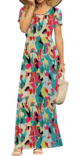Image of DB MOON Womens 2026 Casual Summer Plus Size Maxi Dresses Short Sleeve Empire Waist Long Dress with Pockets(Color Mix, 2XL)
