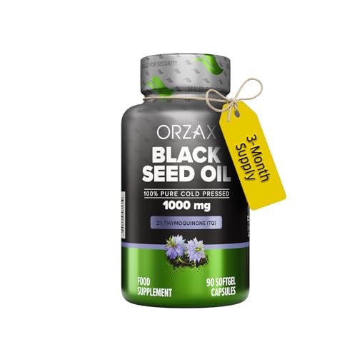 ORZAX 1000 mg Black Seed Oil Cold Pressed Capsules with 20mg Thymoquinone for Immune Support, Good Hair, Skin, and Joints 90 Soft Gel Capsules