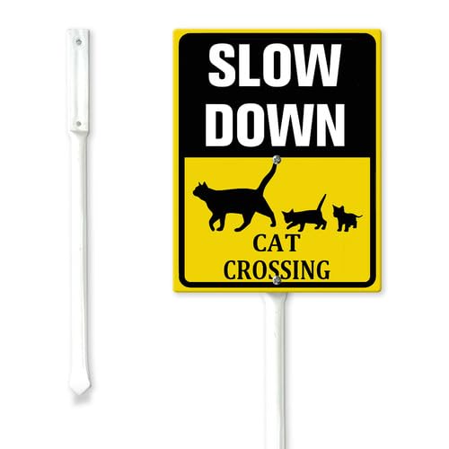 Soliyoahee - Cartello da cortile con pali con motivo gatto, 20 x 30 cm, in robusto alluminio, decorazione per esterni, rallenta, per prato, cortile, giardino, facile da installare