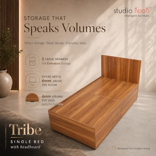 Image of Studio Kook Tribe with Headboard Engineered Wood Single Bed with Drawers (Amber Walnut, Right Side Drawer)