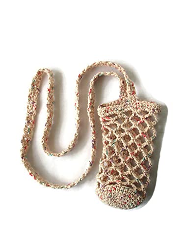 Cotton Crochet Crossbody Water Bottle Bag Pastel Fleck Beige Drink Carrier Sling3
