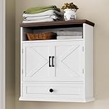 Viroformo Bathroom Wall Cabinet, Farmhouse Wall Mounted Medicine Cabinets with Drawer, Barn Doors and Adjustable Shelf, White Over Toilet Storage Cabinet for Kitchen, Living Room