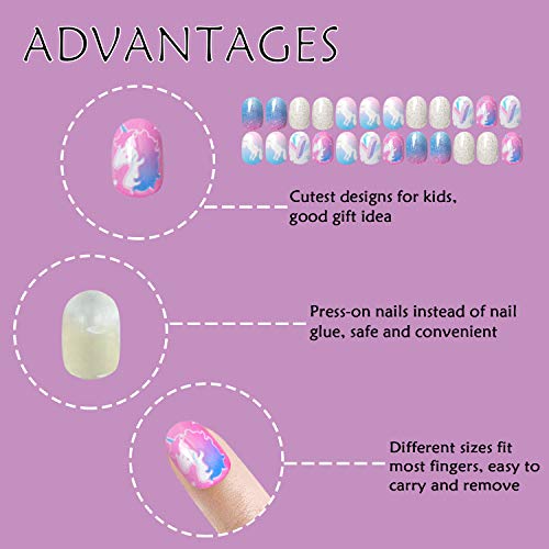 Laza 120pcs Children Nails Press On Pre-glue Full Cover Nail Tips Kit Glitter Gradient Color Rainbow Short Artificial False Nail Kits Lovely Christmas Gift for Children Kids Girls - Silver Pearl - Thumbnail 5