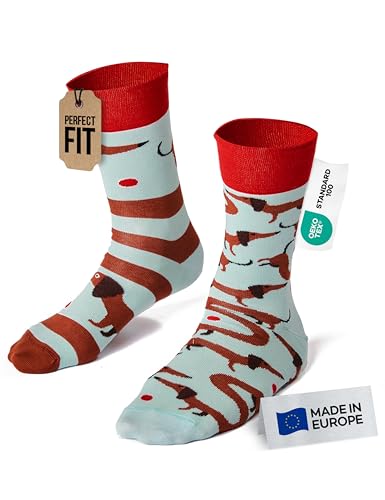 Many Mornings Witzige ungleiche Socken mit Dackel-Motiv Größe 43-46 für Damen und Herren Lustige Baumwollsocken