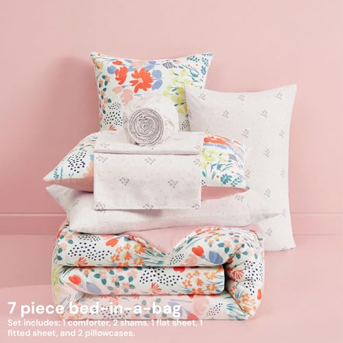 Image of BLOOMHAVEN Full Size Comforter Set for Girls, 7 Pieces Pink Botanical Floral Bedding Set, All Seasons Kids Bed in a Bag with Sheets, Pillowcases & Shams