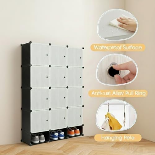 Image of KRISHYAM12-Cube Modular Wardrobe with Doors, Hanging Rod & 3 Shoe Boxes, Space-Saving DIY Closet Organizer for Clothes, Shoes, Toys & Home Storage,