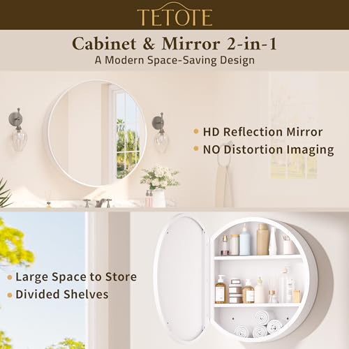 Image of TETOTE Bathroom Mirror Cabinet 28 x 28 White Round Bathroom Medicine Cabinet with Mirror Adjustable Shelves Farmhouse Wall Mirror with Storage Surface Mounted