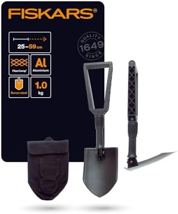 Fiskars Klappspaten für Camper und Bergsteiger, Auch als Schaufel und Hacke einsetzbar, Mit Canvas-Tasche, Länge (ausgeklappt): 59 cm, Gehärteter Borstahl, Schwarz, 1000621, 16.5 x
