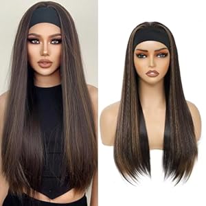 Yacurcur Headband Wigs Silky Straight Hair Glueless Headband Wig None Lace Front Hair Headband Wig Synthetic Straight for Women 150% Density Brown with Highlight Color 28 Inch