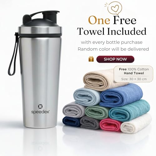 Image of Speedex Stainless Steel Gym Shaker Bottle 750ml with Mixing Ball & Towel for Men & Women | Leakproof Protein Metal Shaker for Gym, Wide Mouth, Measurement Markings, Carry Loop Flip Cap - Silver