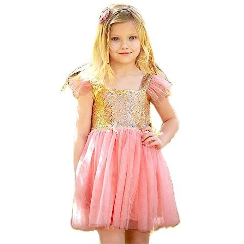 Gold and Pink Gauze Camisole Layered Tutu Dress Girls Valentines Dress, (5 years)