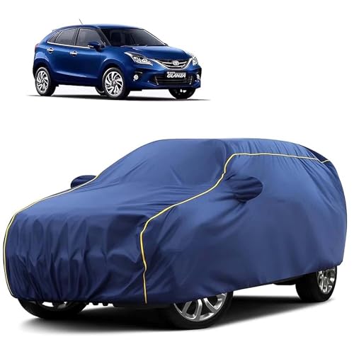 Image of Sulfar 100% Water Resistant Car Body Cover Compatible with Mirror for Toyota Glanza(Baleno) (Triple Stitched, Full Bottom Elastic, Blue Tafetta with Yellow Piping)