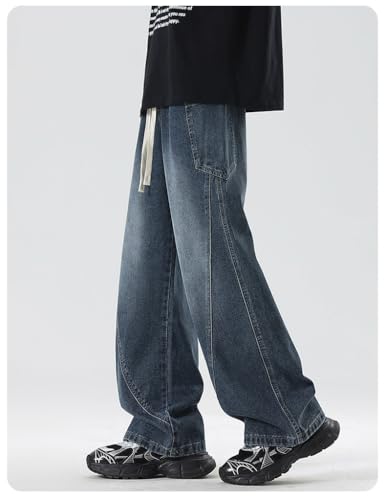 Mens Baggy Jeans Elastic Waisted Denim Pants Wide Leg Denim Pants Hip Hop Skater Jeans with Drawstring Multiple Pockets3