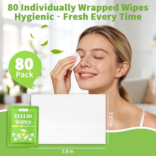 Warmify 80 Pcs Tea Tree Oil Eyelid Wipes, Individually Wrapped Eye Lid Cleansing Wipes for Sensitive Eyes, Gentle Daily Eyelid Cleanser for Dry Eyes, Lash & Lid Hygiene, Alcohol-Free
