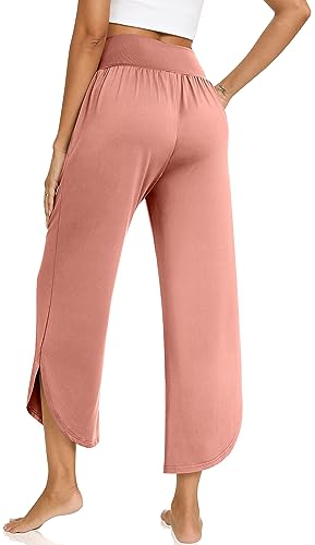 Image of TARSE Women's Wide Leg Yoga Pants Cross High Waist Flowy Split with Pockets | Comfy Lightweight Stretch, Flare Hem Cropped, Loose Dance Pants, Travel & Lounge, Everyday Casual Wear