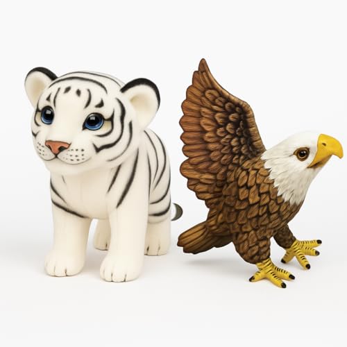 Image of White Tiger & Eagle Plush Combo Pack ? Realistic Soft Animal Toys for Kids | 25cm Tiger + 30cm Eagle | Jungle Wildlife Stuffed Toy Gift for Boys & Girls