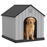 Fancyango Large Dog House Outdoor Indoor for Medium Large Dogs, Durable Plastic Waterproof Doghouse with Air Vents and Elevated Floor, Easy Clean and Assemble (Black, 36.2''L×38''W×38''H)