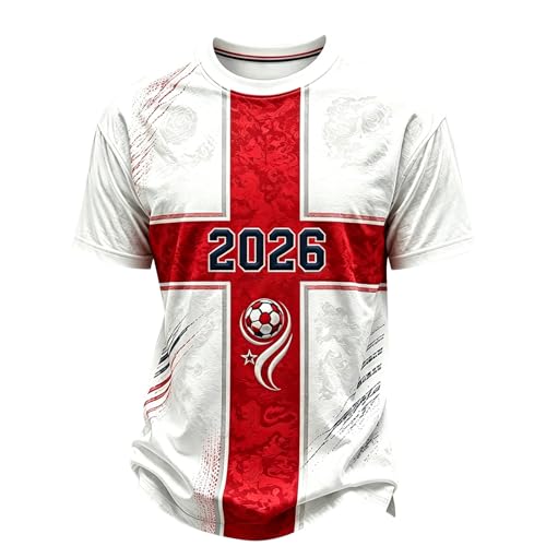 Image of England Football Shirt 2026 World Cup Short Sleeve Crew Neck Men T Shirts 2026 England Casual Football Tops Lightweight Breathable Mens Tshirt Slim Fit Mens Clothing Red