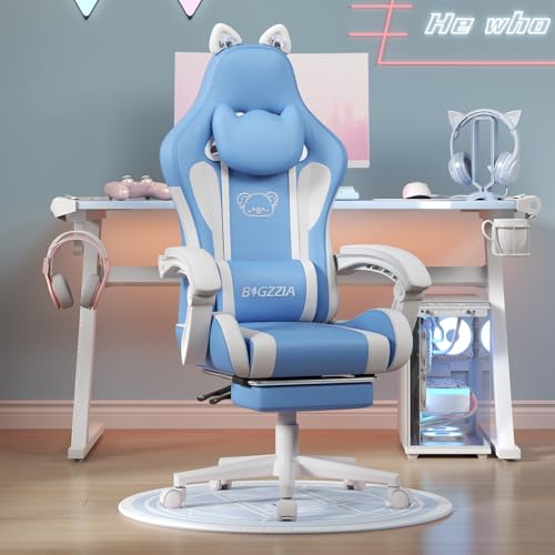 bigzzia Gaming Chair Cute with Cat Ears and Massage Lumbar Support, Ergonomic Computer Chair for Girl with Footrest and Headrest (Blue and White)