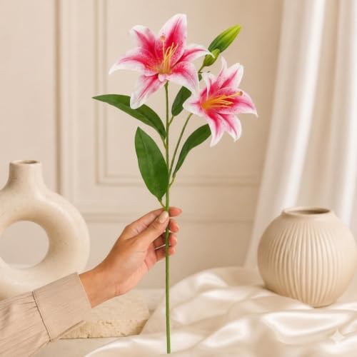 Image of CURATED CART 1 Pcs Lily Artificial Flowers Bunch for Home Decoration - Big Lily Bouquet for Home Decor - Real Touch Faux Latex Long Stem - Includes 2 Flowers and 1 Half Bloom Bud - Dark Pink