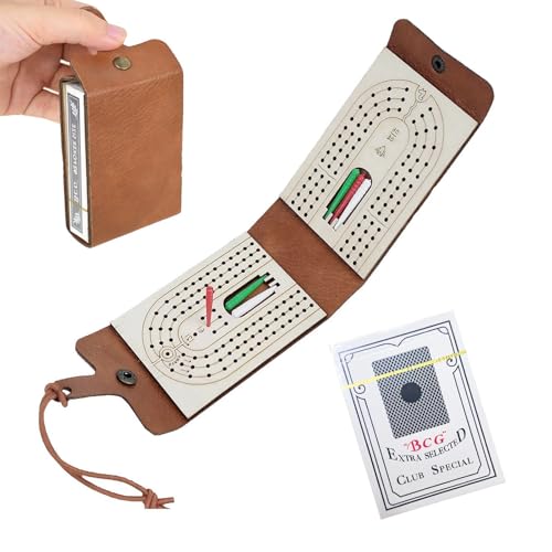 AOTISBAO Classic Cribbage Board Set Travel Size with Leather Case Includes Full Deck of Cards and 6 Pegs 25cm Folding Board Game
