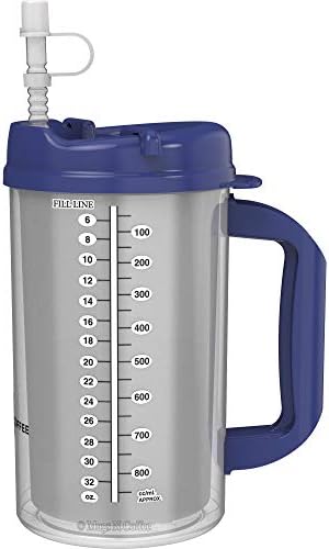 32 oz Double Walled Hospital Mug with Straw - Blue Lid and Handle - Mugs N Coffee
