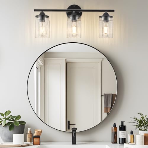 Image of Jonsi Black Bathroom Light Fixtures 3-Light Vanity Lights Modern Wall Sconce with Clear Glass Shade Bathroom Light Fixture Over Mirror for Bedroom Hallway Kitchen