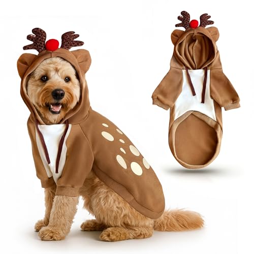 Dog Reindeer Christmas Costume Outfit (M) Soft Brown Hoodie Jumper with Sequin Antlers and Red Nose Cat Puppy Winter Coat Sweater Dogs
