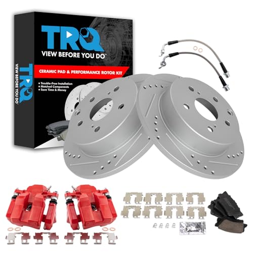 Image of TRQ Performance Rear Brake Pad and Rotor Set Ceramic Drilled Slotted Coated | For 2012-2018 Toyota RAV4