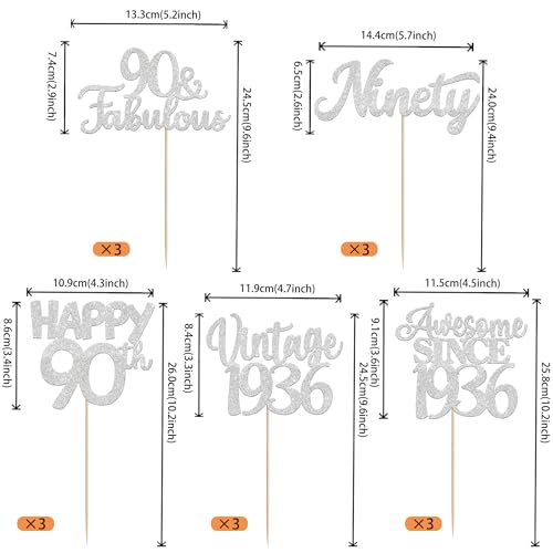 Image of 15 PCS 90th Birthday Centerpiece Sticks Ninety Happy 90 Vintage 1936 Table Flower Centerpieces Sticks Cheers to 90 Fabulous Floral Decorations for 90th Birthday Party Supplies Silver