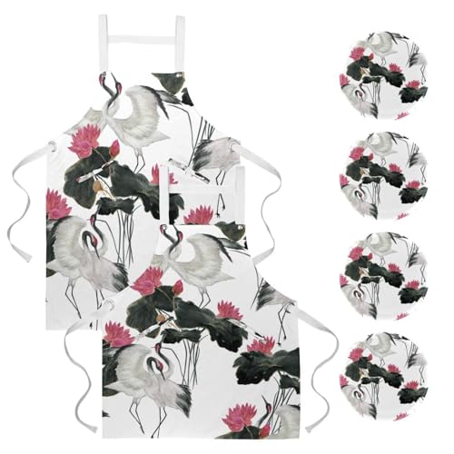 Lot de 2 tabliers de cuisine avec 4 broches à motif de grues et lotus