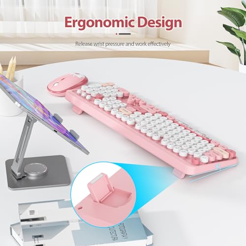 Image of Fogruaden Wireless Keyboard and Mouse Combo, Pink Retro Typewriter Keyboard, 2.4GHz Full Size Round Keycap Cute Computer Keyboard with Number Pad, Pink Colorful Keyboard for Windows PC Laptop(Pink)