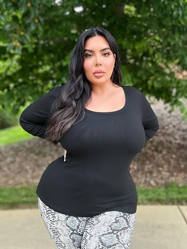 IN'VOLAND Plus Size Womens Long Sleeve Scoop Neck Ribbed Knit T-Shirt Fitted Casual Basic Tops3