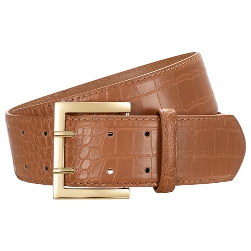SANSTHS Women Wide Leather Belt for Dresses Jeans Fashion Gold Buckle Ladies Waist Thick Belt