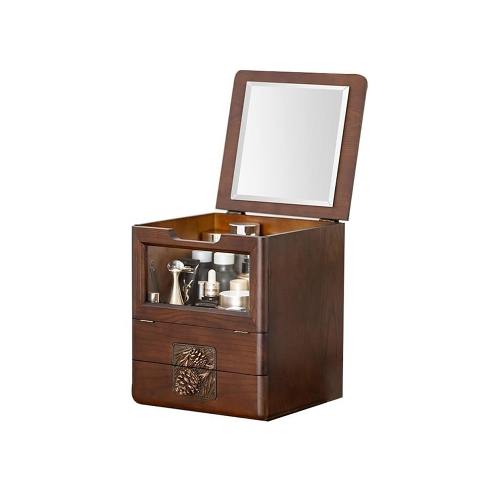 Pudełko do makijażu Organizer na kosmetyki, drewniane etui w stylu retro z szufladami i lustrem, duża pojemność, półka na kosmetyki