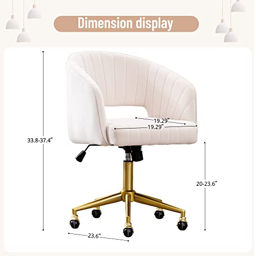 Abet Desk Chair With Wheels, Velvet Home Office Chair, Swivel Armchair Gold Base, Upholstered Modern Accent Chairs, Back Incline Adjustable For Living Room Bedroom Vanity, Off-White Cream #TOP2